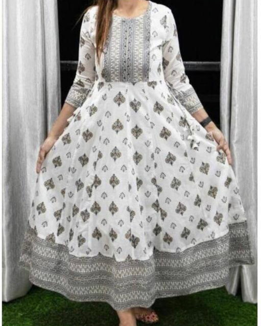 A white Anarkali border print kurti with tassels sounds like a beautiful and stylish outfit choice Anarkali style kurtas are known for their flowing and flared silhouette, which adds an elegant touch to your look